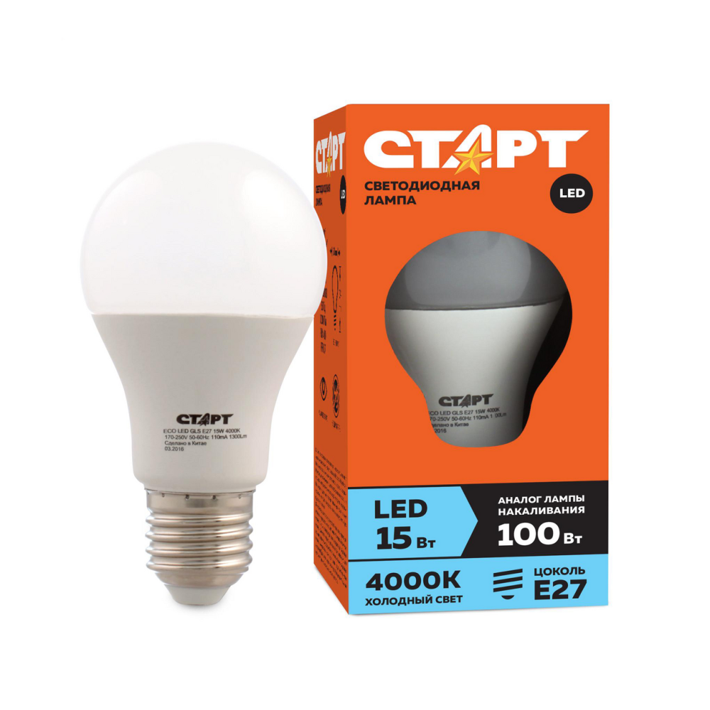 Светодиодная лампа Старт LED 15W E27 холодный белый груша матовая