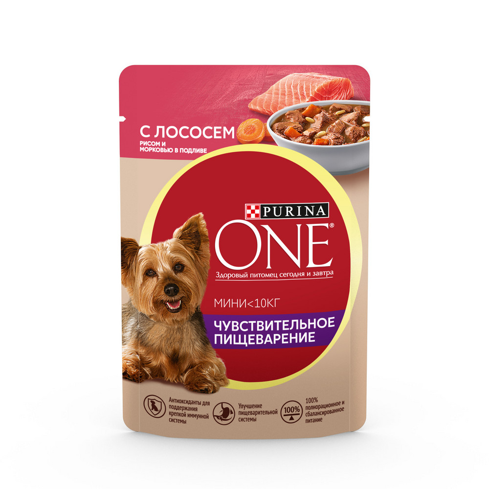 Корм Purina One Мини для взрослых собак мелких пород с лососем рисом и морковью 85 г