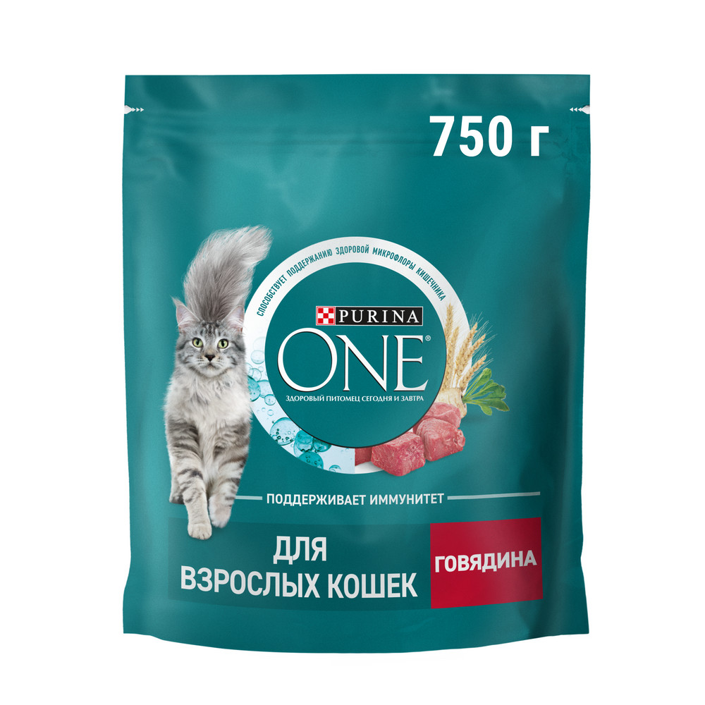 Корм сухой Purina One для взрослых кошек говядина-цельные злаки, 750г
