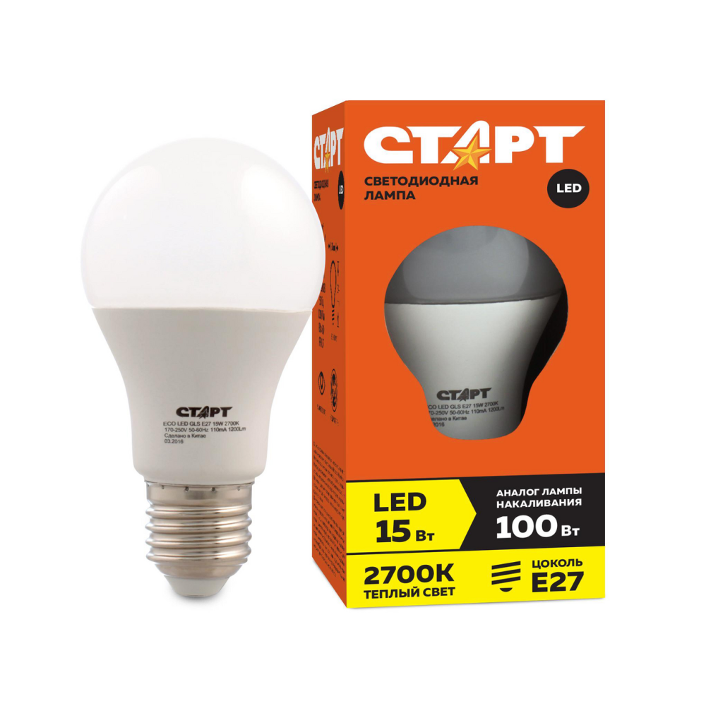 Лампа светодиодная Старт Eco Led GLS E27 15W свет теплый