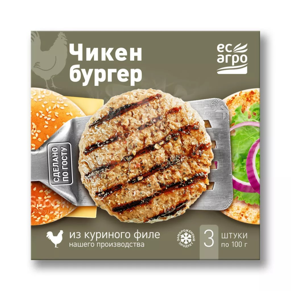 Котлета для бургера Ес Агро Премиум Чикен-бургер куриная, замороженная (100г х 3шт), 300г