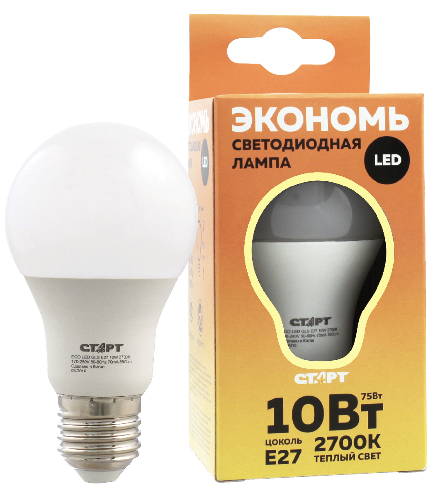 Лампа светодиодная Старт Eco Led GLS E27 10W свет тёплый
