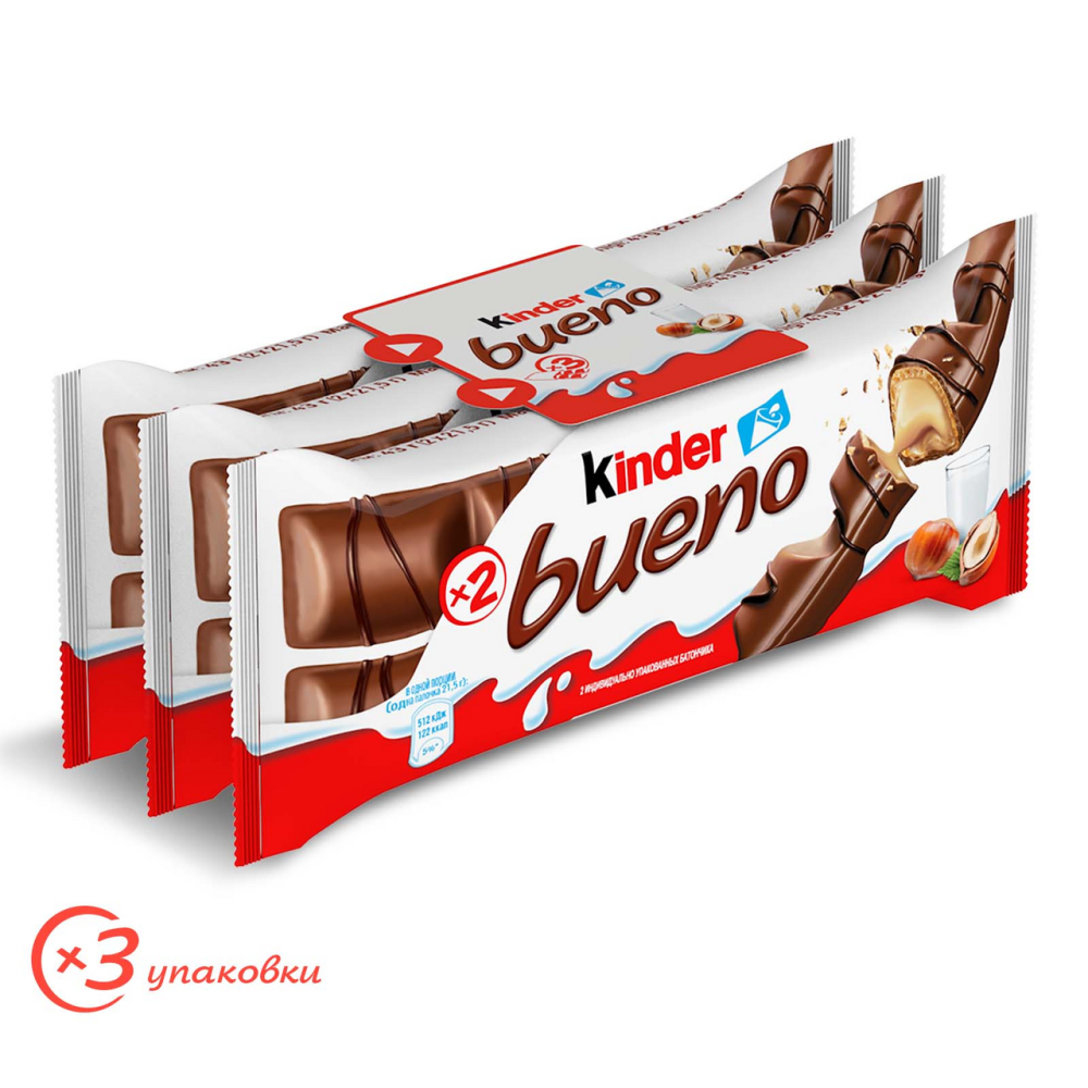 Вафли Kinder Bueno с молочно-ореховой начинкой 3 штуки по 43 г