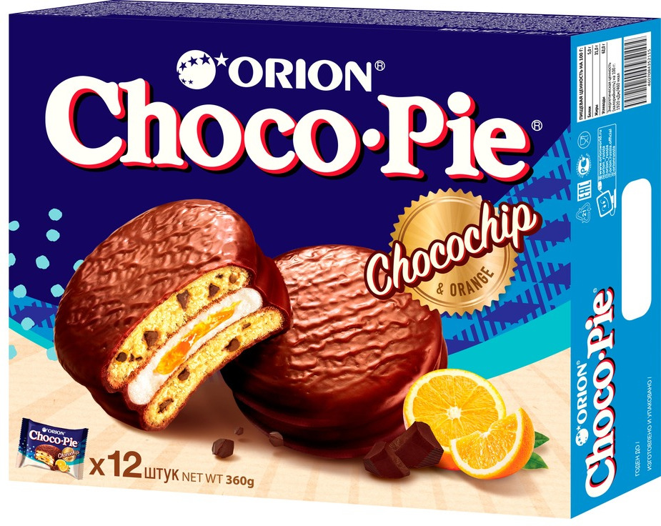 Пирожное Orion Choco-Pie с кусочками шоколада и апельсином в глазури 12 штук по 30 г