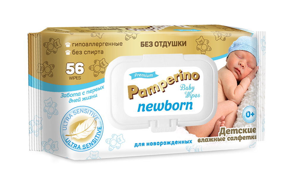 Влажные салфетки детские Pamperino без отдушки с пластиковым клапаном 56 штук