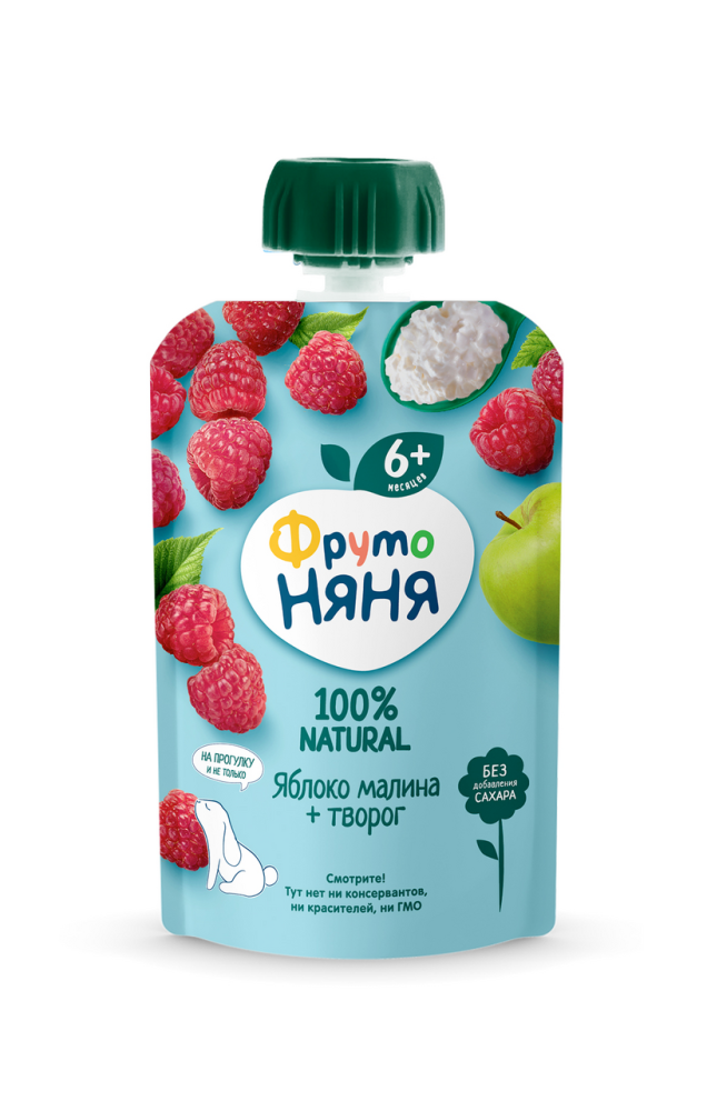 Пюре ФрутоНяня с яблоком малиной и творогом без сахара с 6 месяцев 90 г