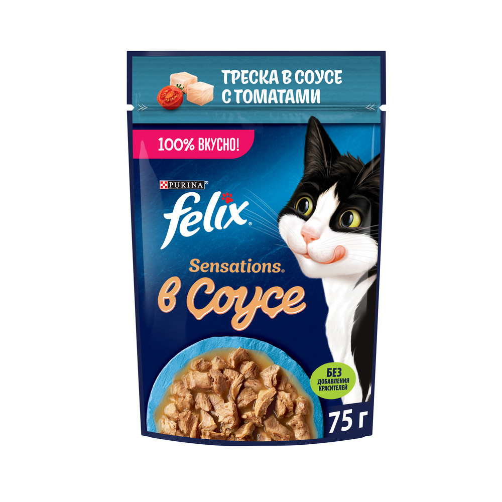 Корм влажный Felix Sensations соус треска-томат, 75г