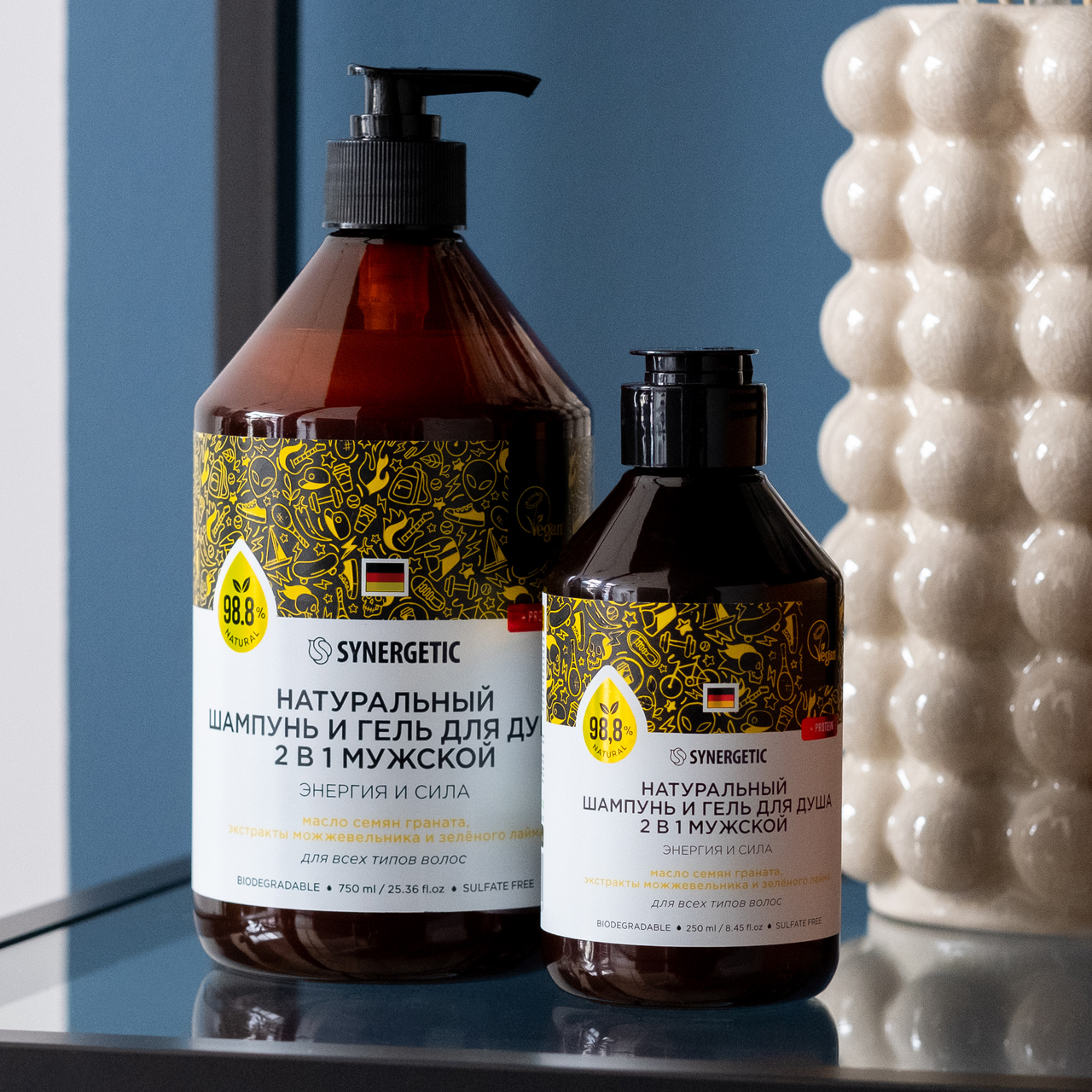 Гель для душа и шампунь Synergetic Энергия и сила для мужчин натуральный 2в1, 750мл