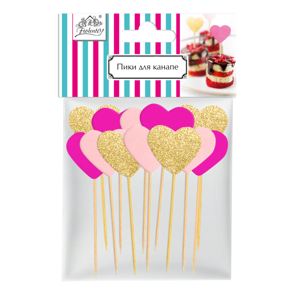 Пики для канапе Fiolento Сердечко Веселый вечер розовые золотые, 12шт