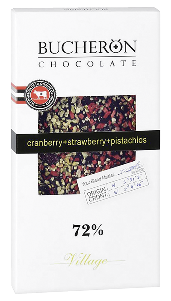 Шоколад горький Bucheron с клюквой, клубникой и фисташками 72% в картоне 100г