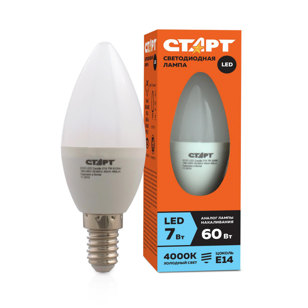 Лампа светодиодная Старт Eco Led Candle E14 7W свет холодный