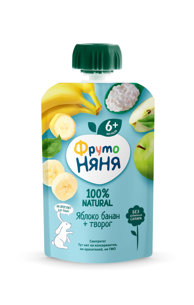 Пюре ФрутоНяня из яблок и бананов с творогом для детей с 6 месяцев, 90г