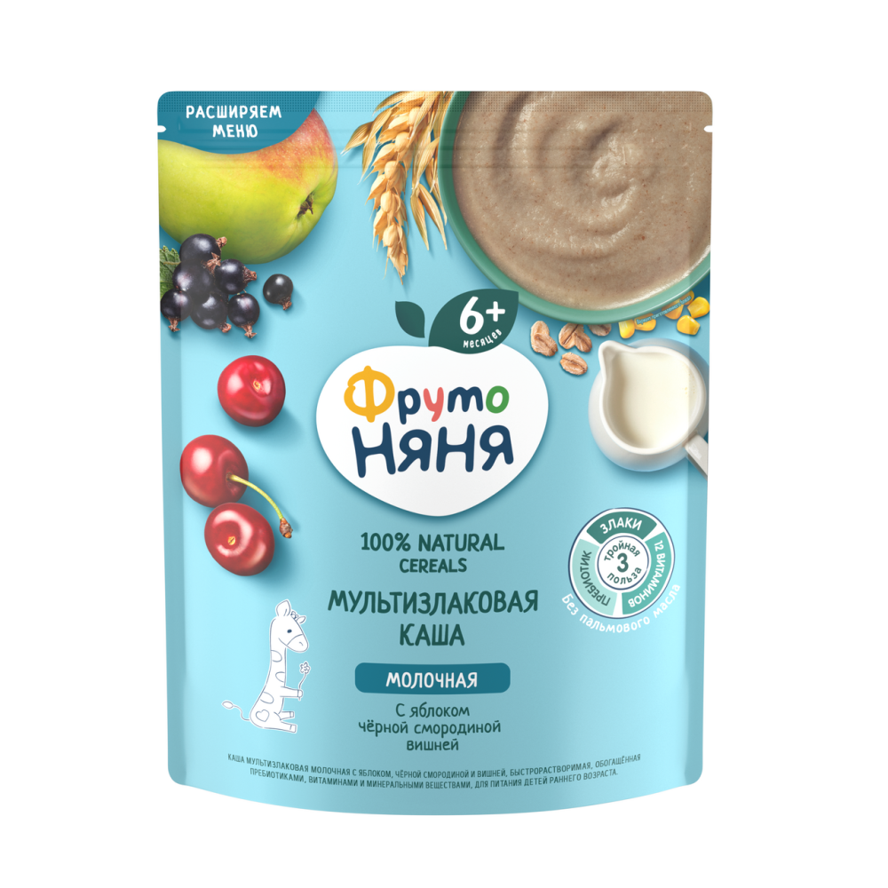 Каша ФрутоНяня яблоко-смородина-вишня мультизлаковая молочная, 200г