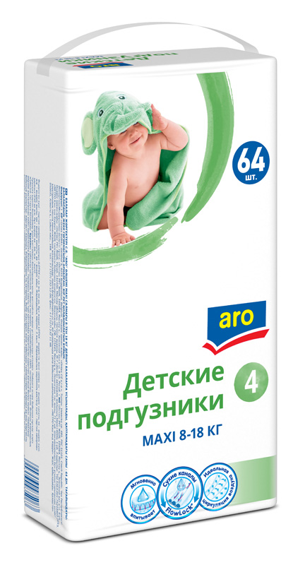 Подгузники ARO maxi 4 (8-18кг), 64шт