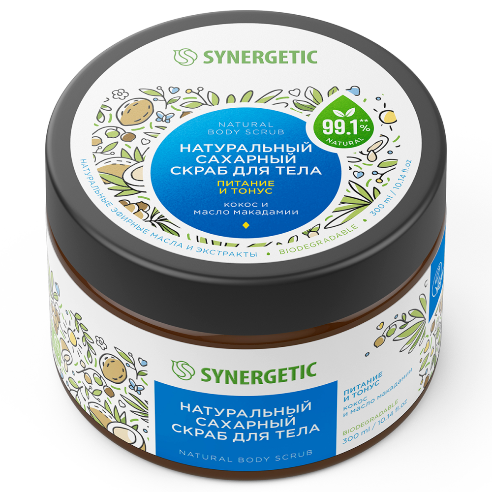 Скраб для тела Synergetic Кокос и масло макадамии питание и тонус, 300мл