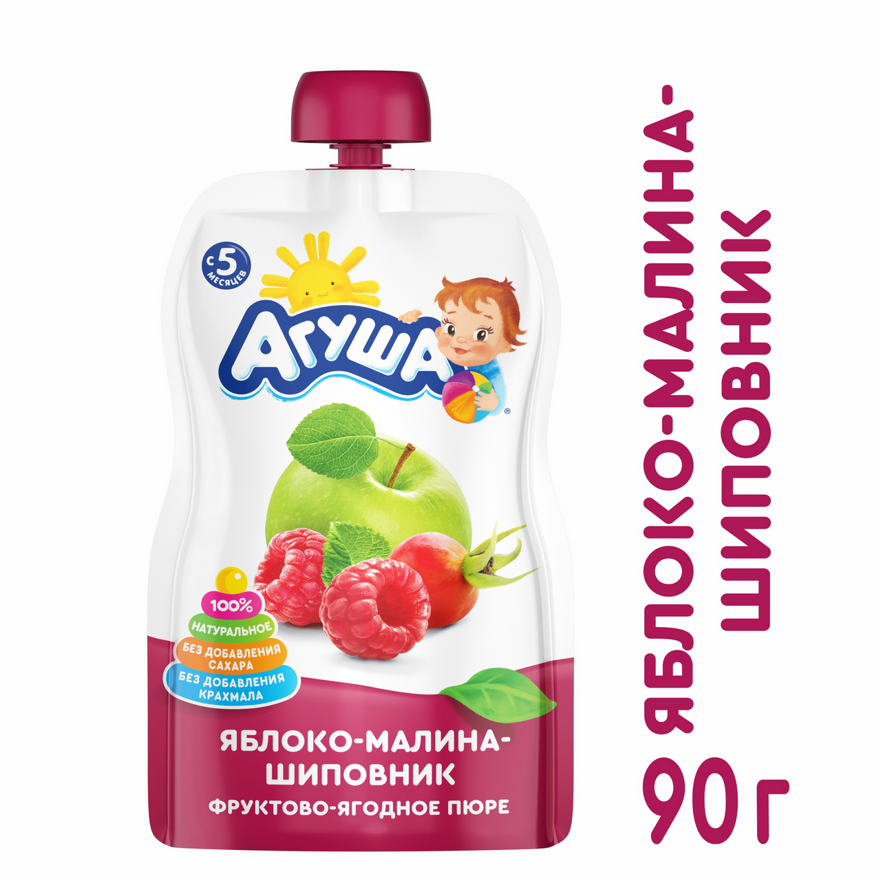 Пюре Агуша фруктово-ягодное Яблоко-Малина-Шиповник с 6 месяцев, 90г