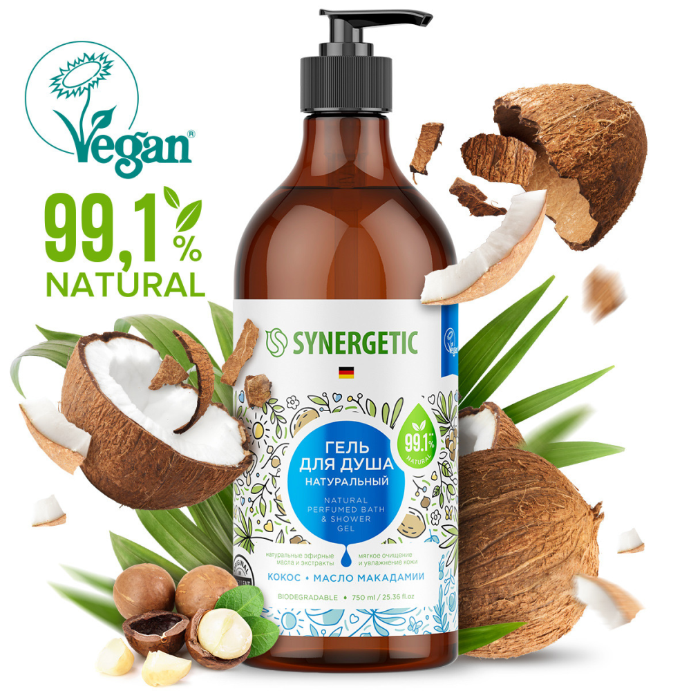 Гель для душа Synergetic Кокос и масло макадамии увлажняющий, 750мл