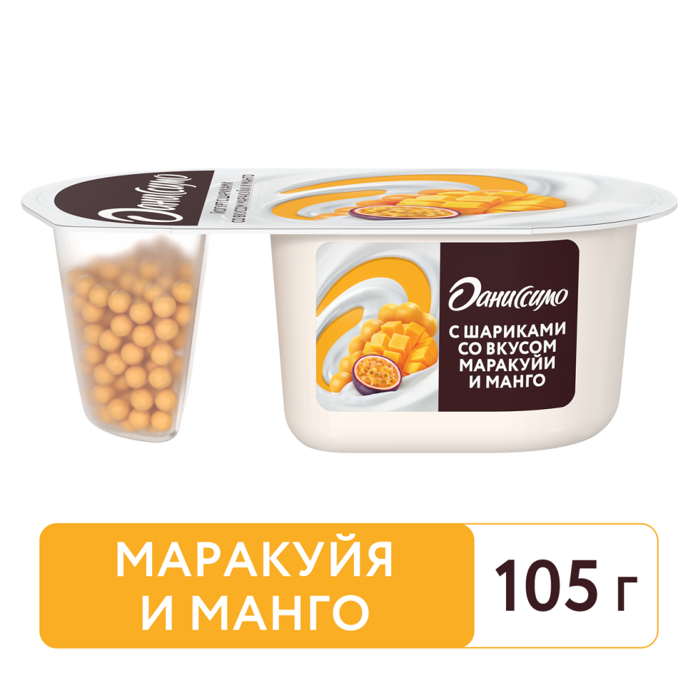 Йогурт Даниссимо Фантазия с хрустящими шариками со вкусом маракуйи и манго 6.9% 105 г