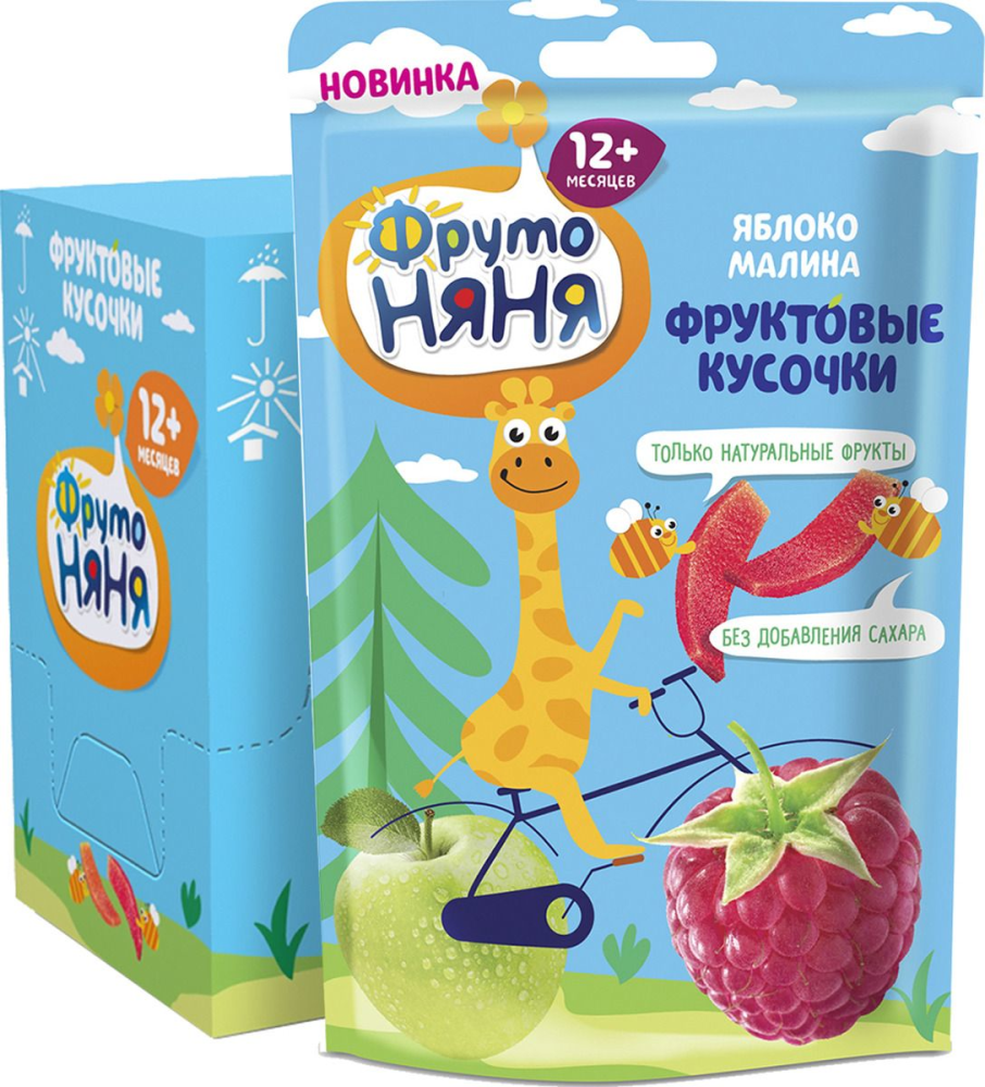 Фруктовые кусочки ФрутоНяня с яблоком и малиной с 12 месяцев 15 г