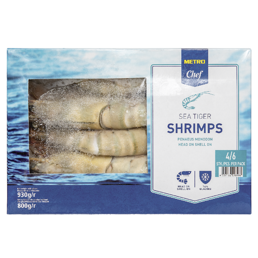 Креветки U5 тигровые с головой свежемороженые, 800г