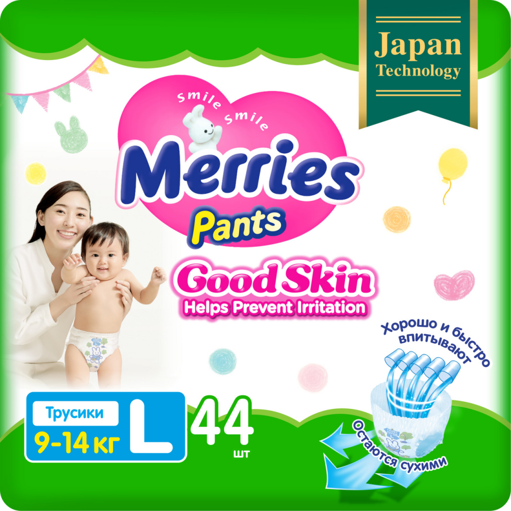 Трусики Merries Good Skin размер L 9-14кг, 44шт