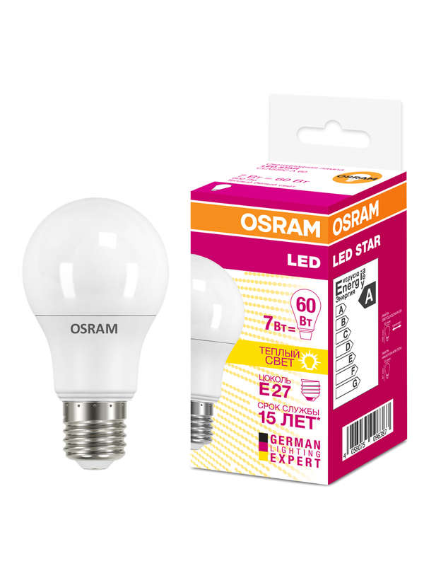 Лампа светодиодная Osram LED А60 Е27 7W груша теплый свет