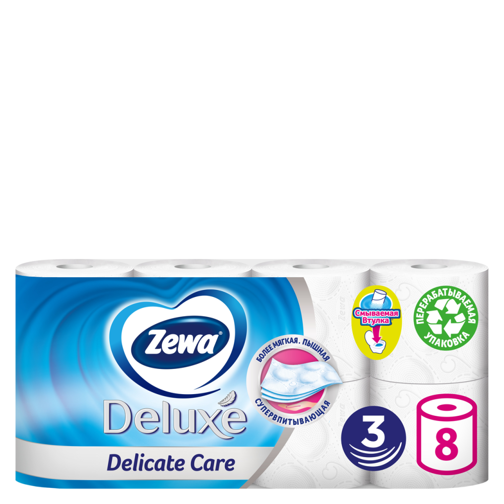 Бумага туалетная Zewa Deluxe белая 3-слойная 8 рулонов