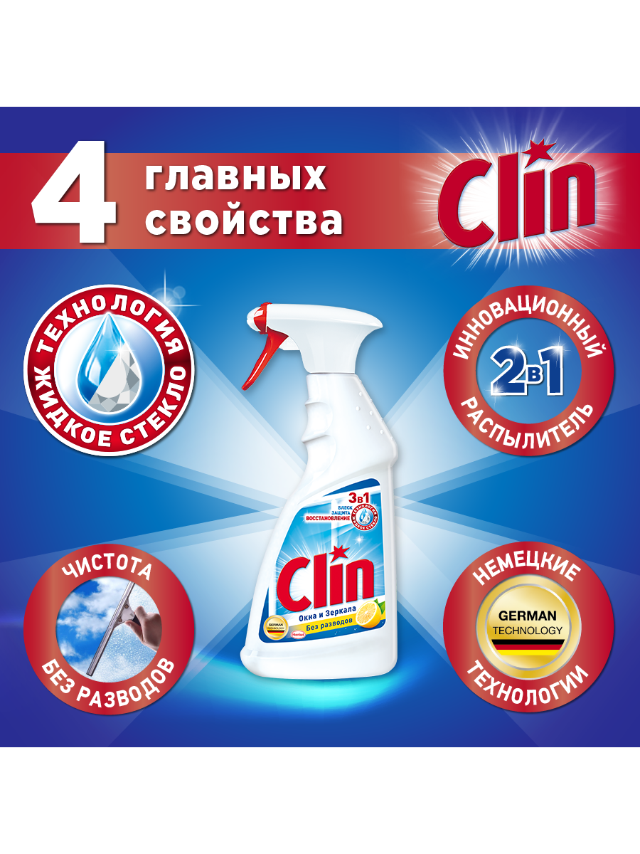 Средство для мытья окон и зеркал Clin Лимон 500 мл