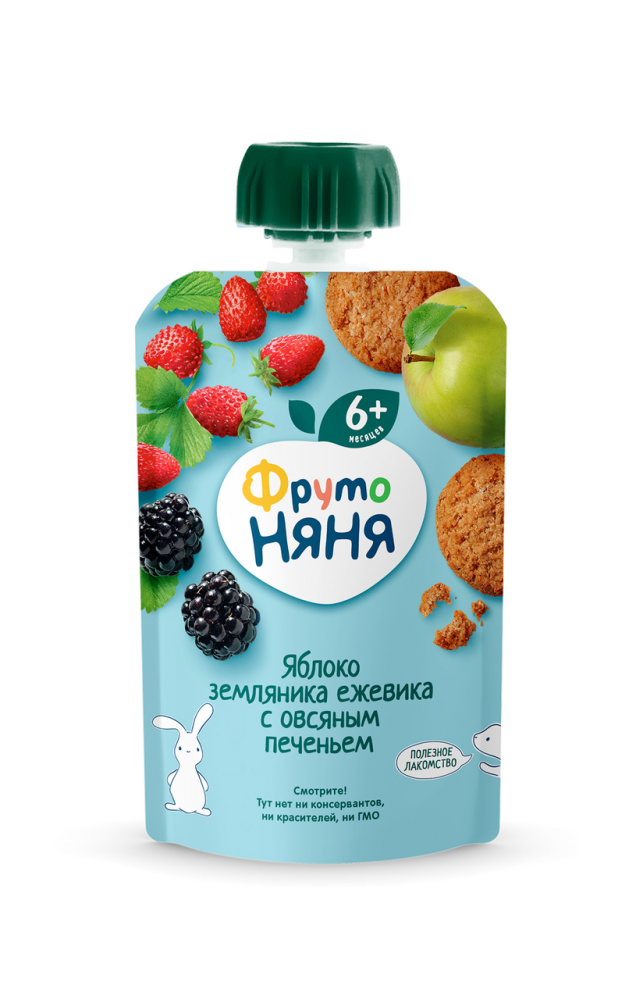 Пюре ФрутоНяня яблоко-земляника-ежевика-овсяное печенье 90 г