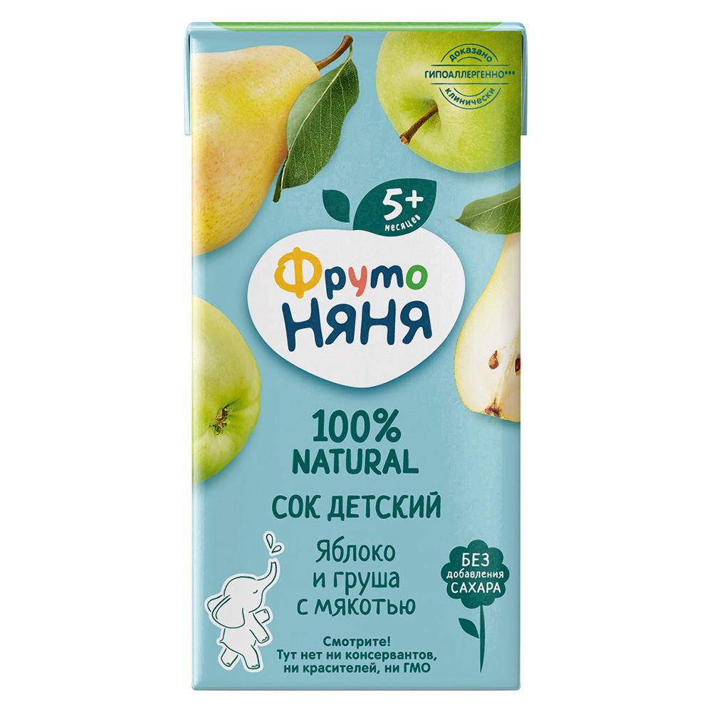 Сок ФрутоНяня яблоко и груша с мякотью без сахара с 5 месяцев, 0,2л