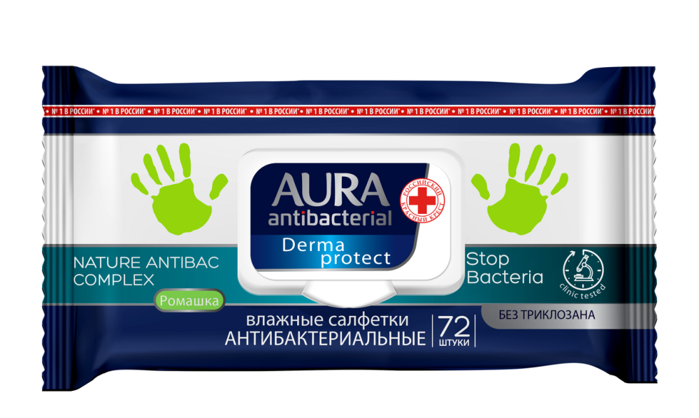 Влажные салфетки Aura очищающие с антибактериальным эффектом с ромашкой 72 штуки