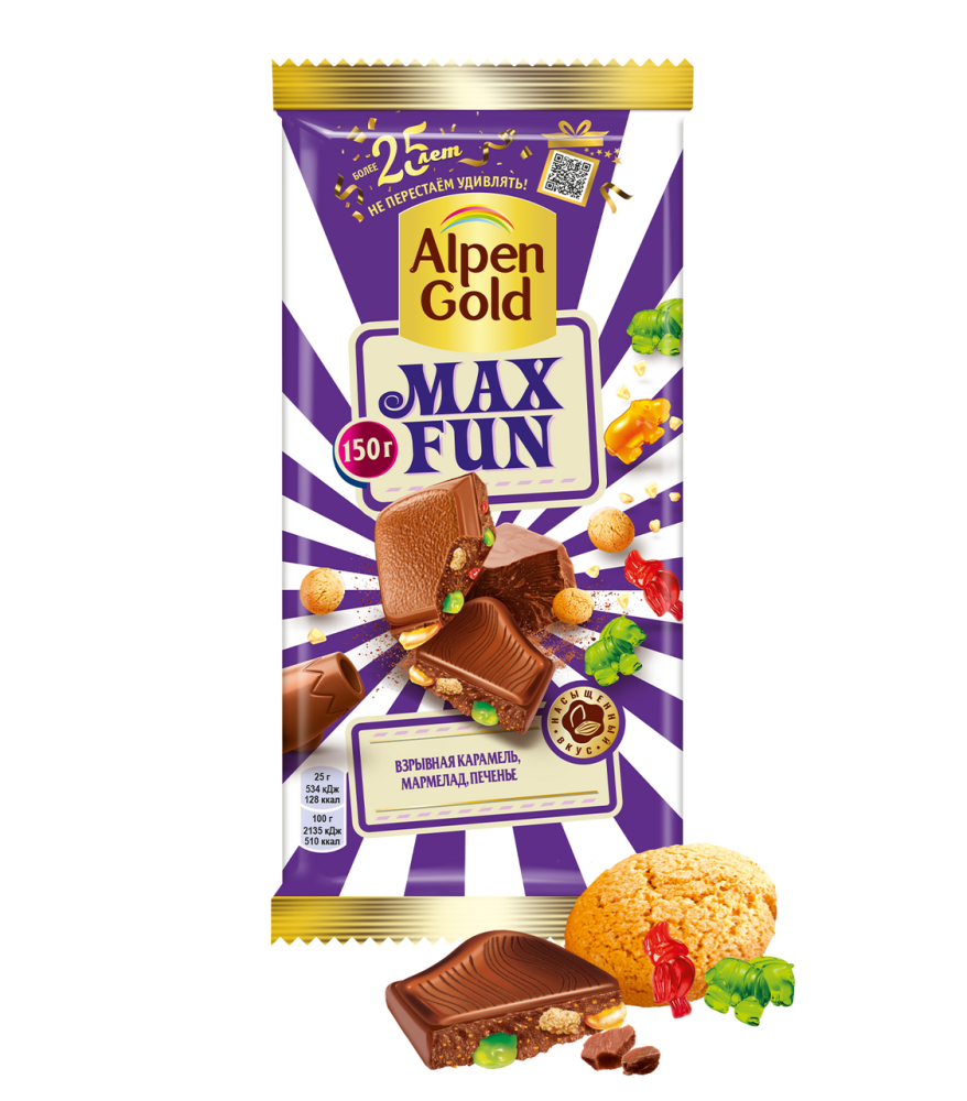 Шоколад <b>Alpen</b> <b>Gold</b> МаксФан молочный со взрывной карамелью мармеладом и пече...