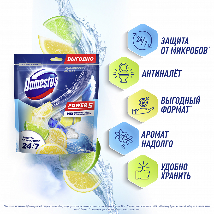 Блок для унитаза Domestos Power 5 Свежесть лайма и свежесть океана, 250г