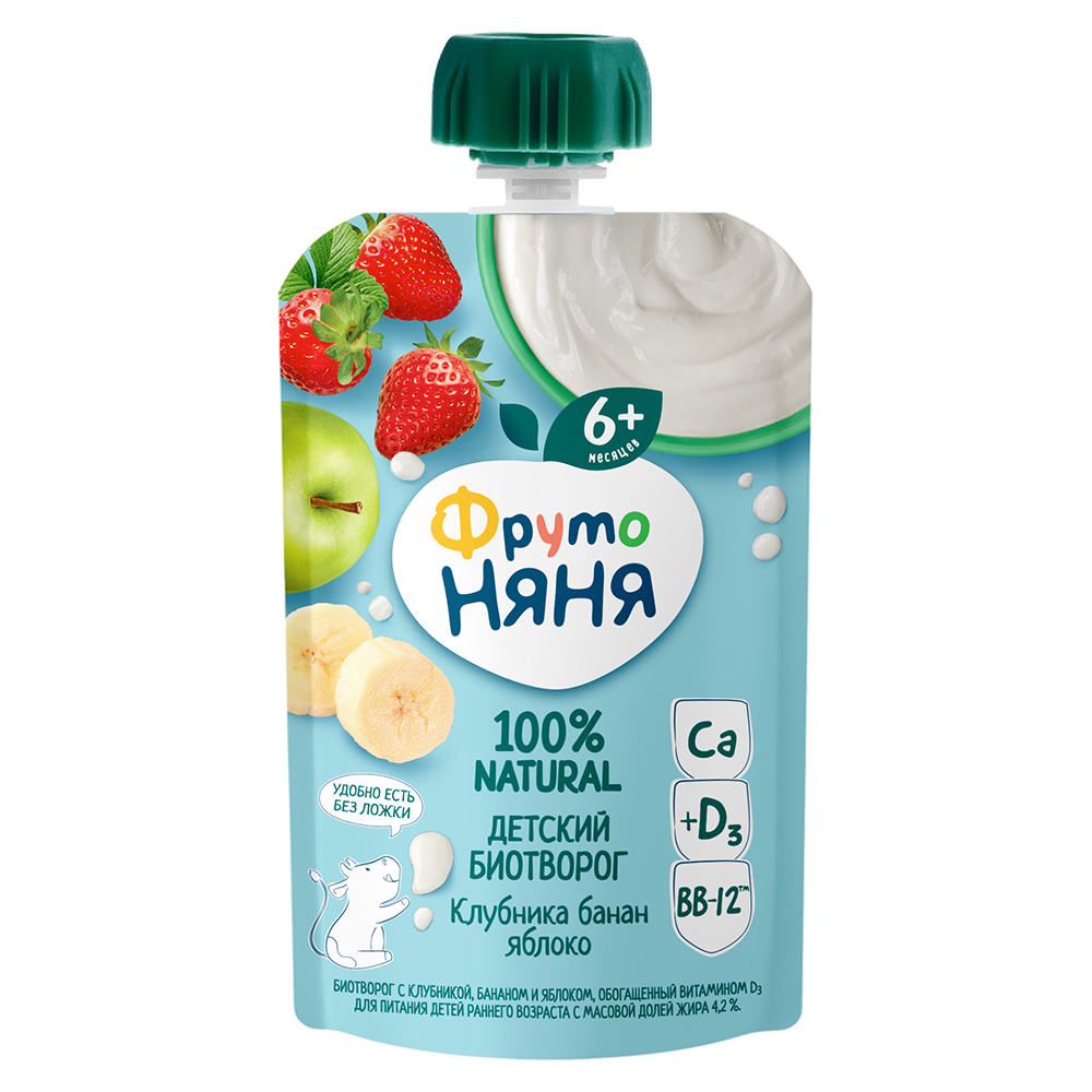 Биотворог ФрутоНяня с клубникой бананом и яблоком с сахаром c 6 месяцев 4.2% 90 г