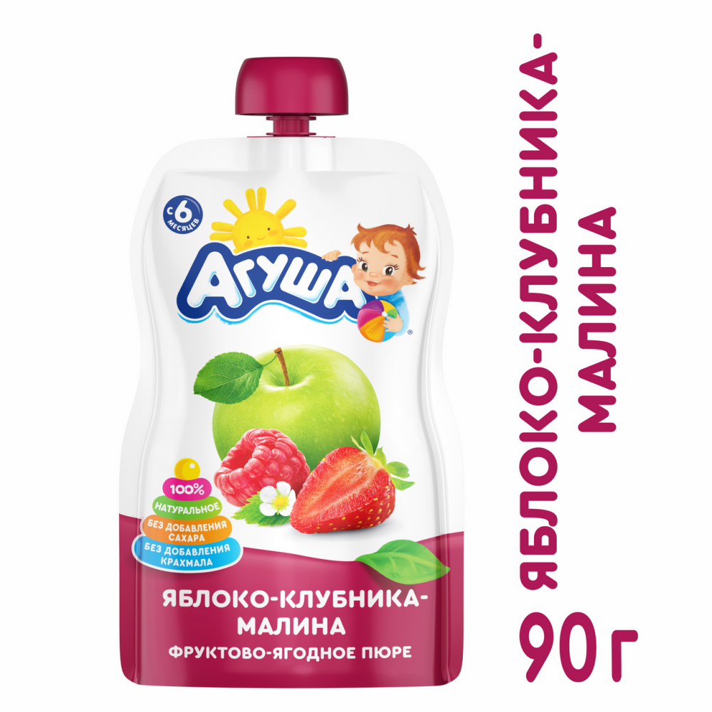 Пюре Агуша фруктово-ягодное Яблоко-Клубника-Малина с 6 месяцев, 90г