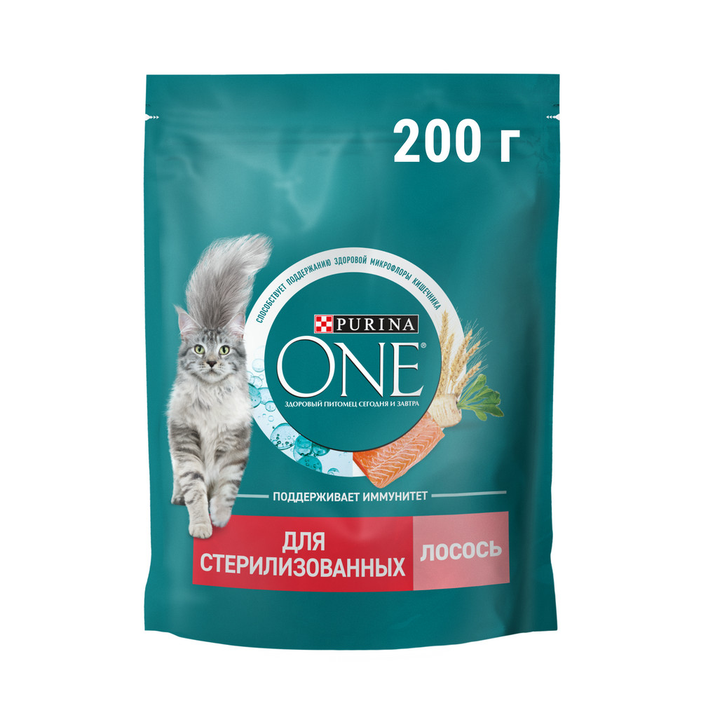 Корм сухой Purina One Sterilised для стерилизованных кошек и котов, с лососем и пшеницей, 200г