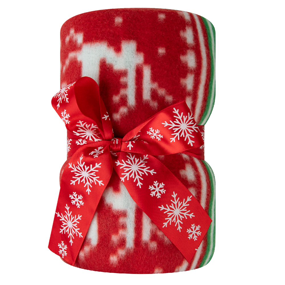 Tarrington House Плед флисовый красно-зеленый с принтом олени 170г, 130 х 170см