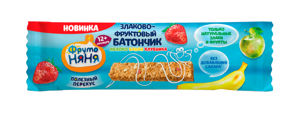Батончик злаково-фруктовый ФрутоНяня с яблоком бананом и клубникой с 12 месяцев 25 г