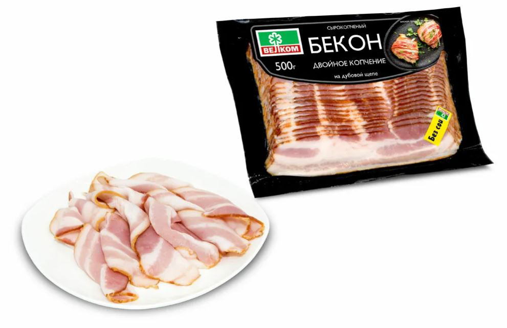 Бекон Велком Двойного копчения на дубовой щепе сырокопченый нарезка 500 г