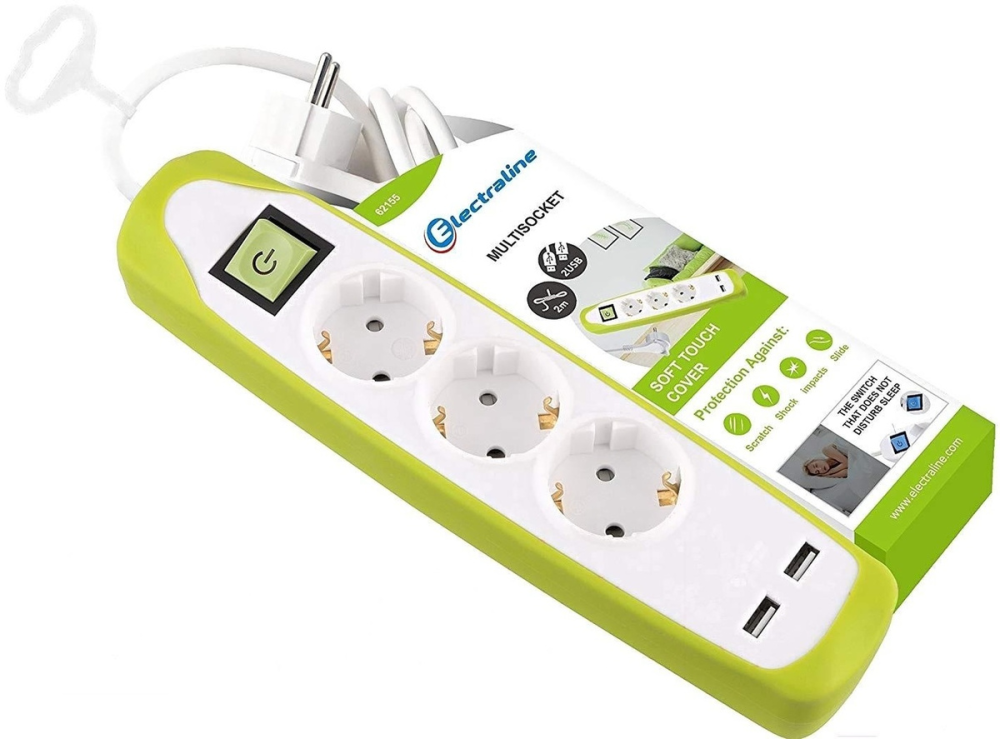 Удлинитель сетевой Electraline 3 гнезда с двумя USB разъемами 2 метра бело-голубой