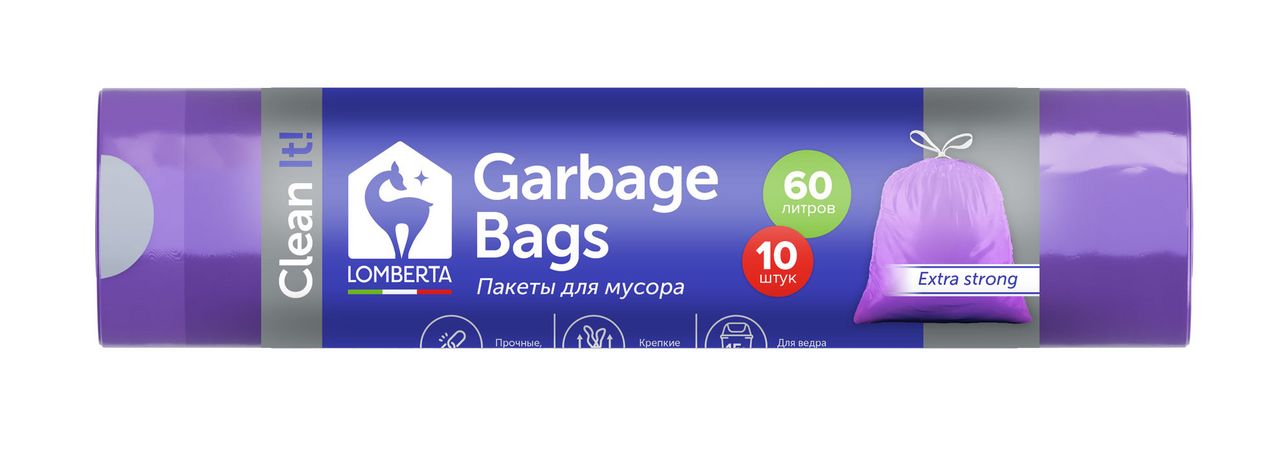Пакеты для мусора Lomberta Overlap с затяжкой, 60л x 10шт