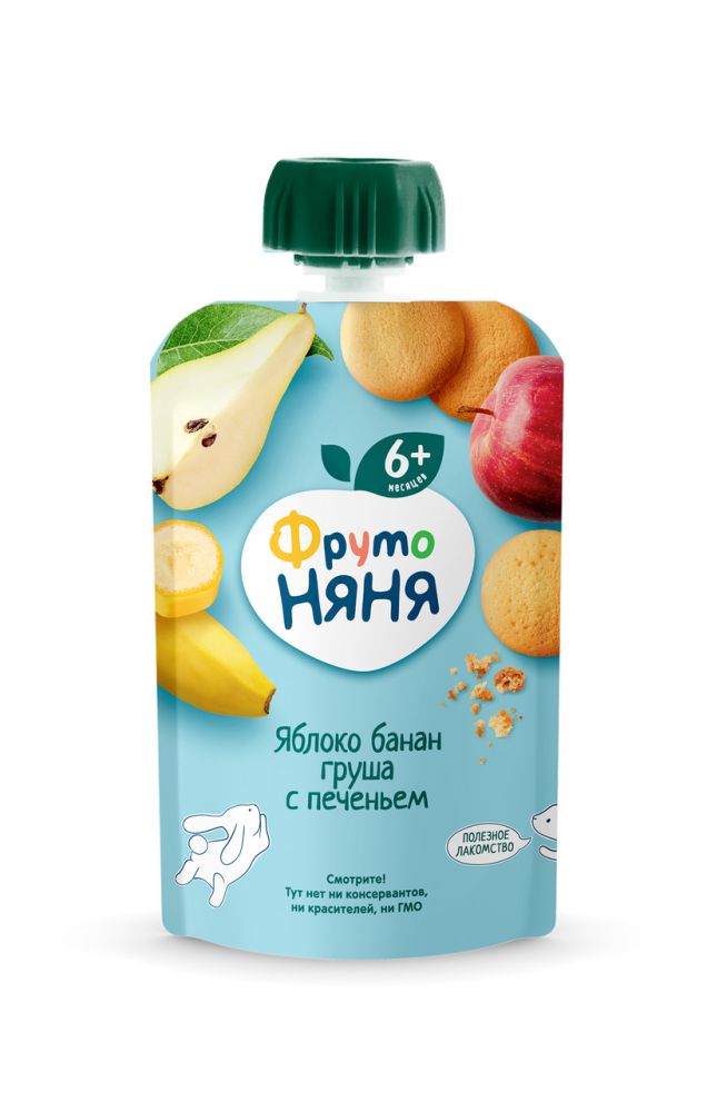 Пюре ФрутоНяня с печеньем из яблок, бананов и груш для детей 6+ месяцев, 90г