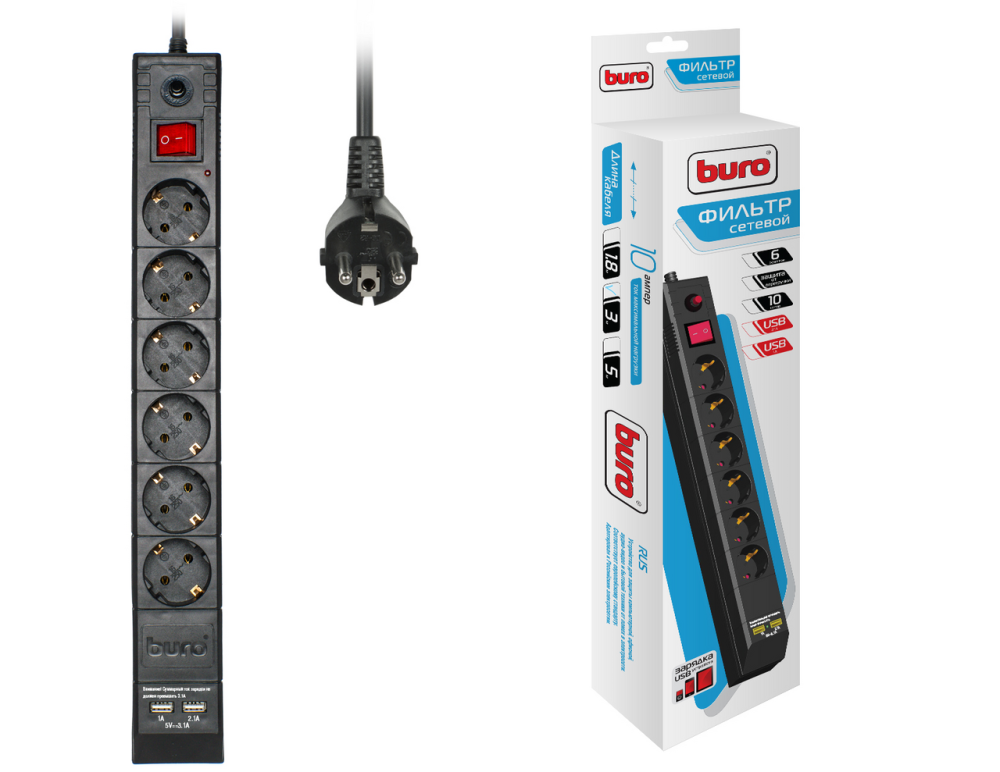 Сетевой фильтр Buro BU-SP3_USB_2A-B 3м (6 розеток)