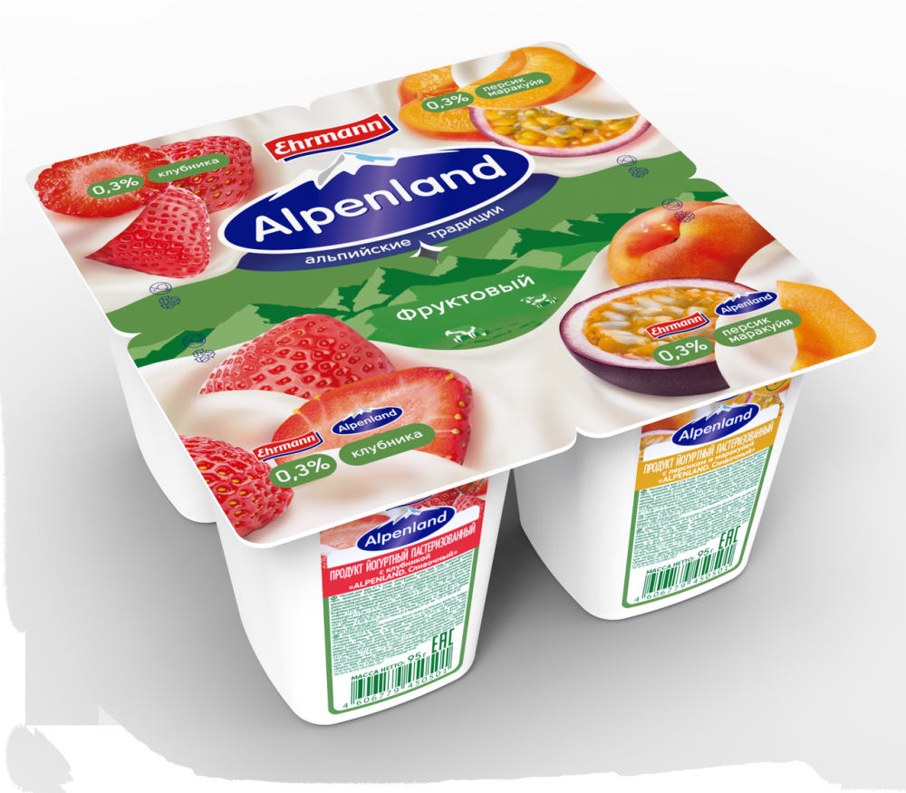 Йогурт Alpenland клубника-персик-маракуйя 0,3% бзмж 95 г х 4 шт