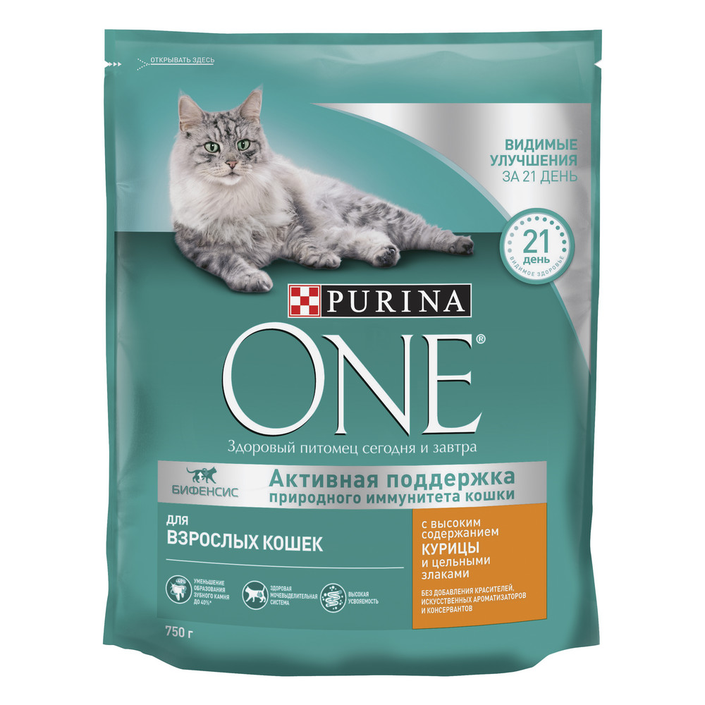 Сухой корм для взрослых кошек Purina One с курицей и цельными злаками 750г