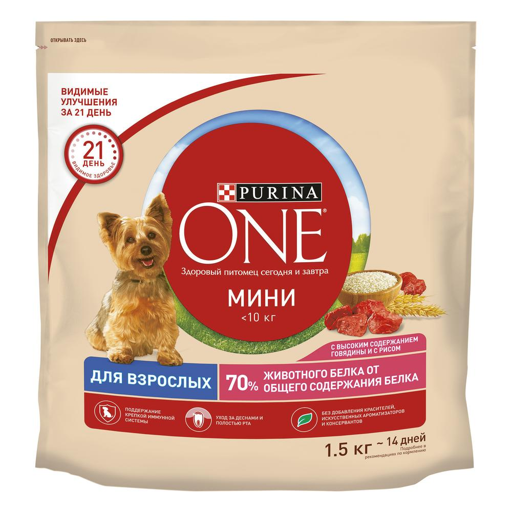 Корм сухой Purina One для взрослых собак мелких пород с говядиной и рисом 1,5 кг