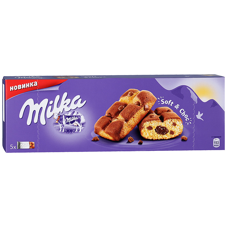 Пирожное Milka бисквитное с шоколадной начинкой и кусочками молочного шоколада, 175г