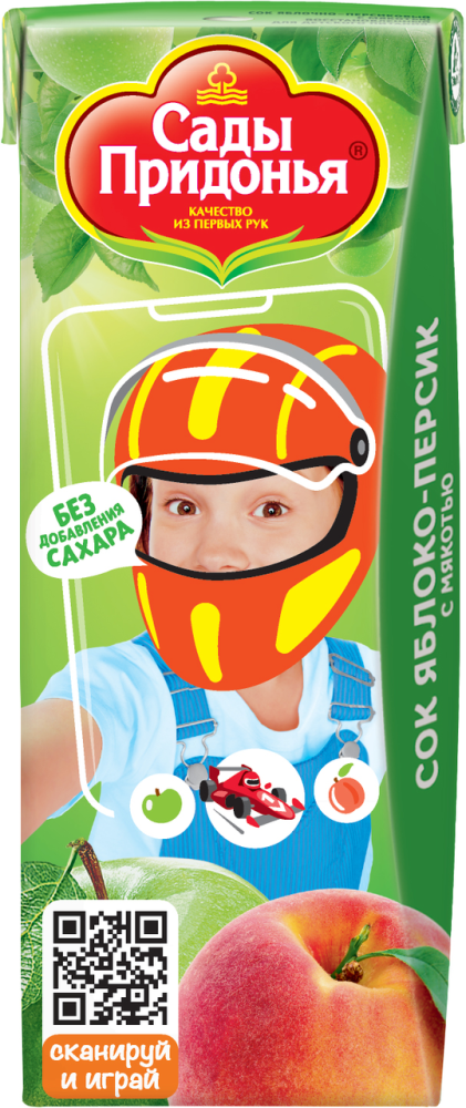 Сок Сады Придонья яблоко и персик с мякотью восстановленный без сахара с 5 месяцев 200 мл