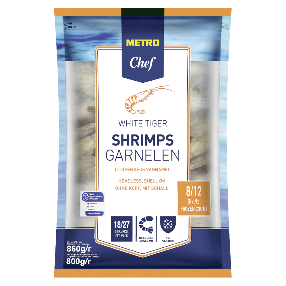 Креветки 8/12 тигровые без головы свежемороженые, 800г