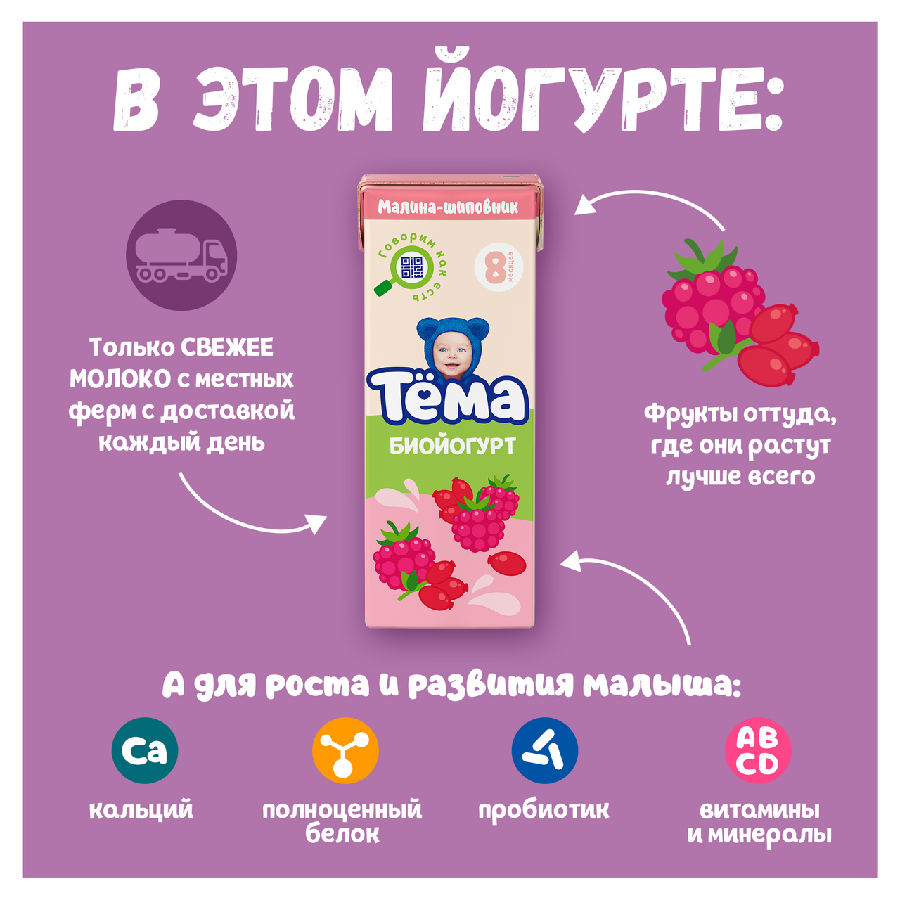 Биойогурт Тёма детский Малина-шиповник с 8 месяцев, 210г